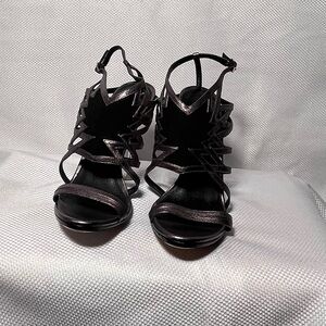 NWT Brian Atwood Pewter & Black Strappy Heels